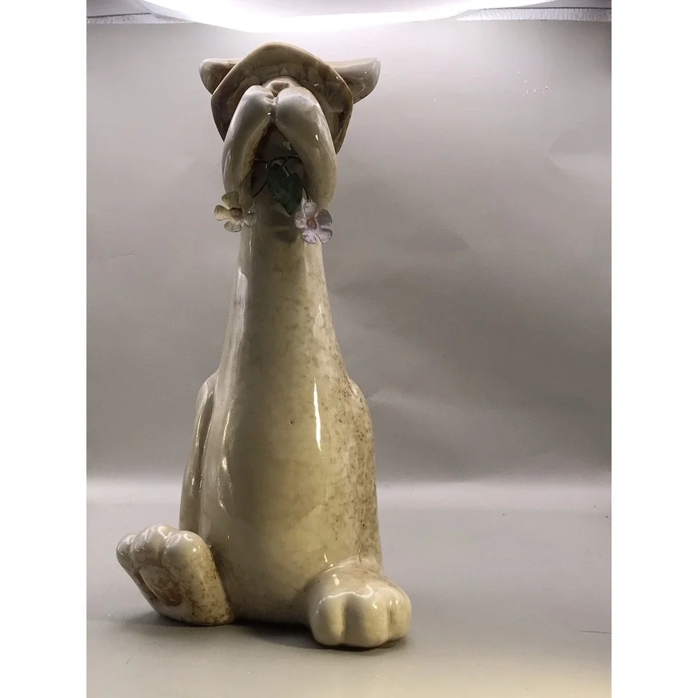 Stoneware Pottery Bunny Rabbit Figurine Wearing A Hat - Natural Color - 10